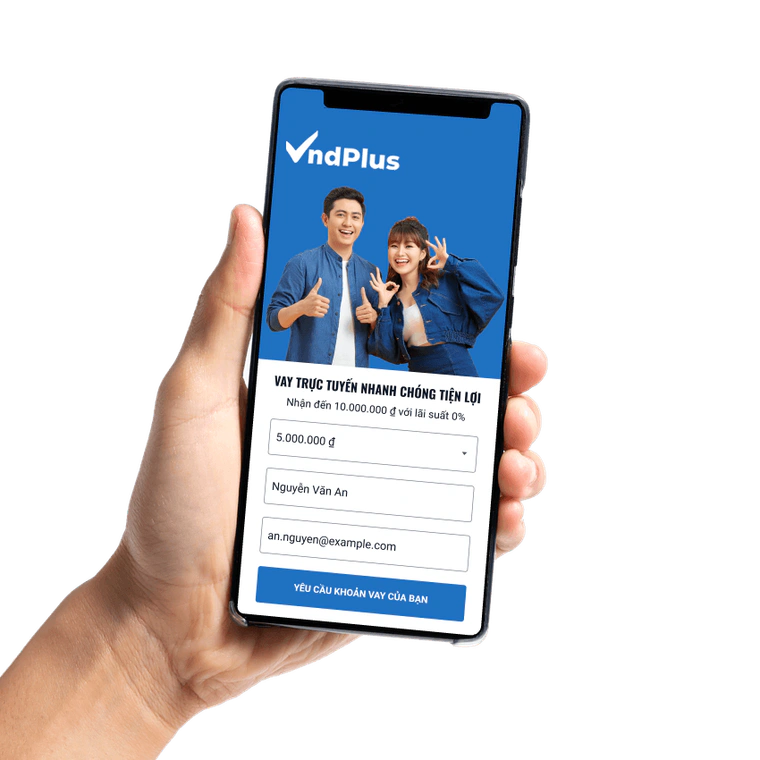 Điện thoại hiển thị form đăng ký vay của VNDPlus: số tiền, họ tên, email
